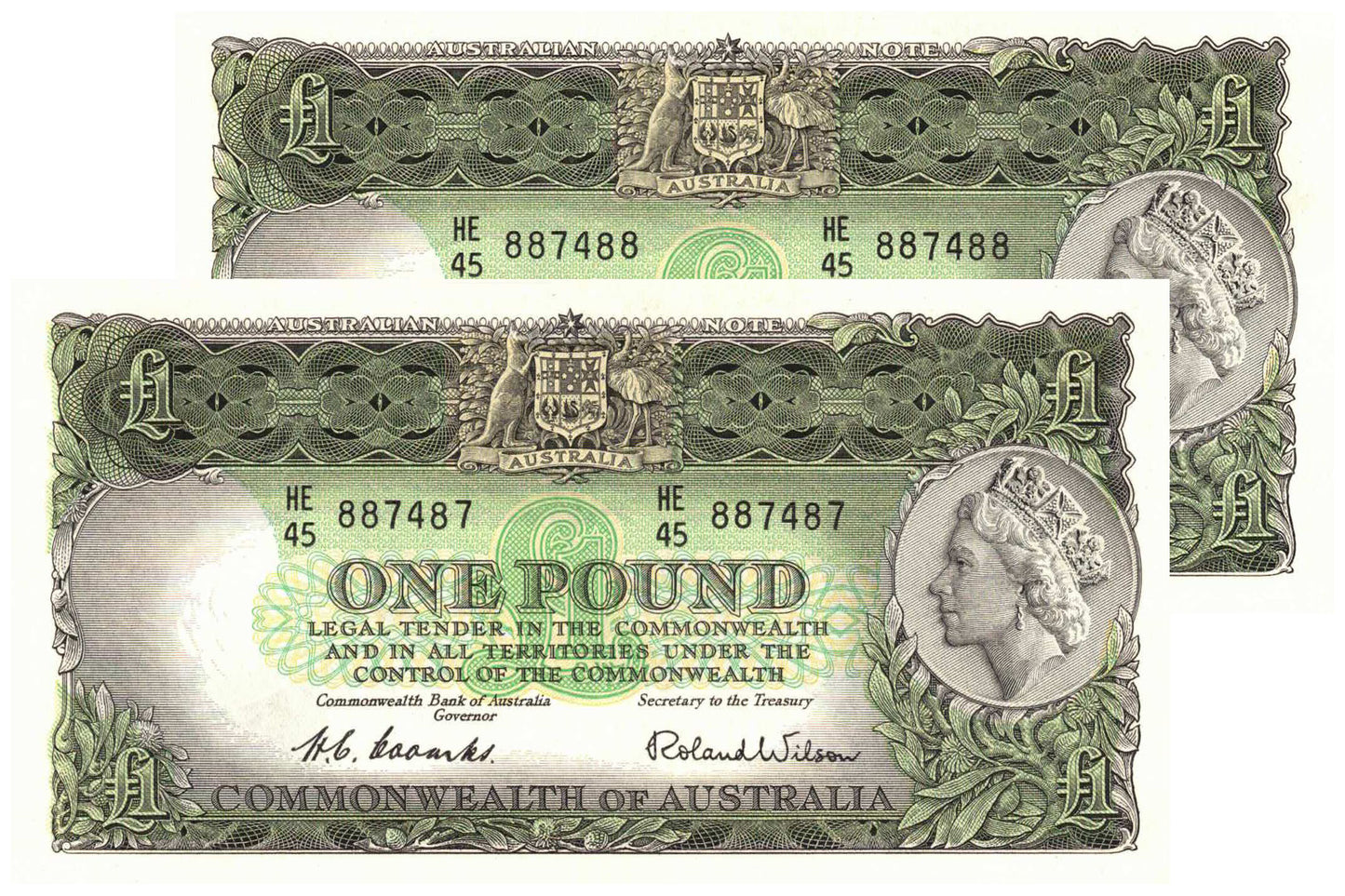 1953 One Pound Coombs/Wilson R33 Commonwealth of Australia Uncirculated Consecutive Pair of Banknotes