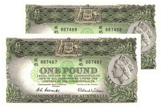 1953 One Pound Coombs/Wilson R33 Commonwealth of Australia Uncirculated Consecutive Pair of Banknotes
