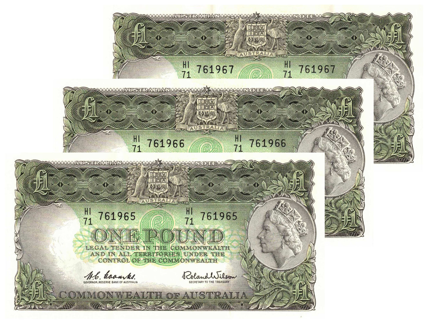 1961 One Pound Coombs/Wilson R34 Reserve Bank of Australia Extremely Fine Consecutive Trio of Banknotes