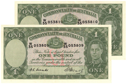 1949 One Pound Coombs/Watt R31 About Uncirculated Consecutive Pair of Banknotes