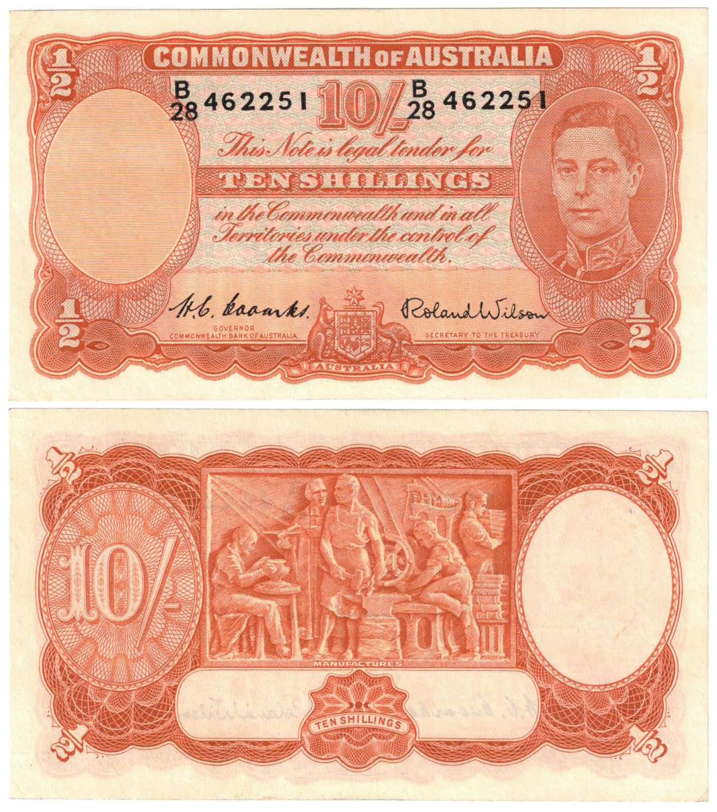 1952 Ten Shillings Coombs/Wilson R15 About Uncirculated Banknote