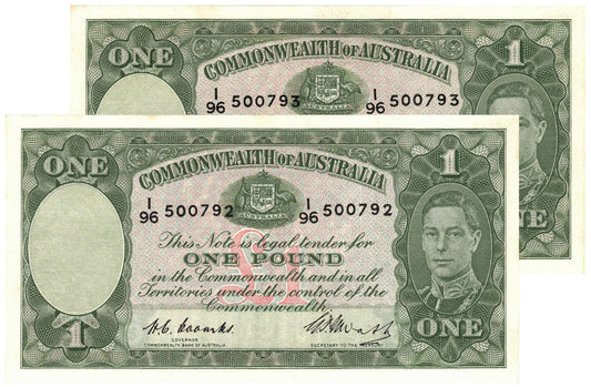 1949 One Pound Coombs/Watt R31 Uncirculated Consecutive Pair of Banknotes