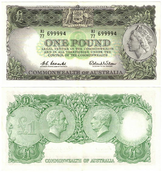 1961 One Pound Coombs/Wilson R34 Reserve Bank of Australia About Uncirculated Banknote