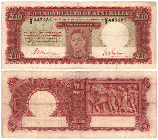 1940 Ten Pounds Sheehan/McFarlane R58F First Prefix V/3 Fine Banknote
