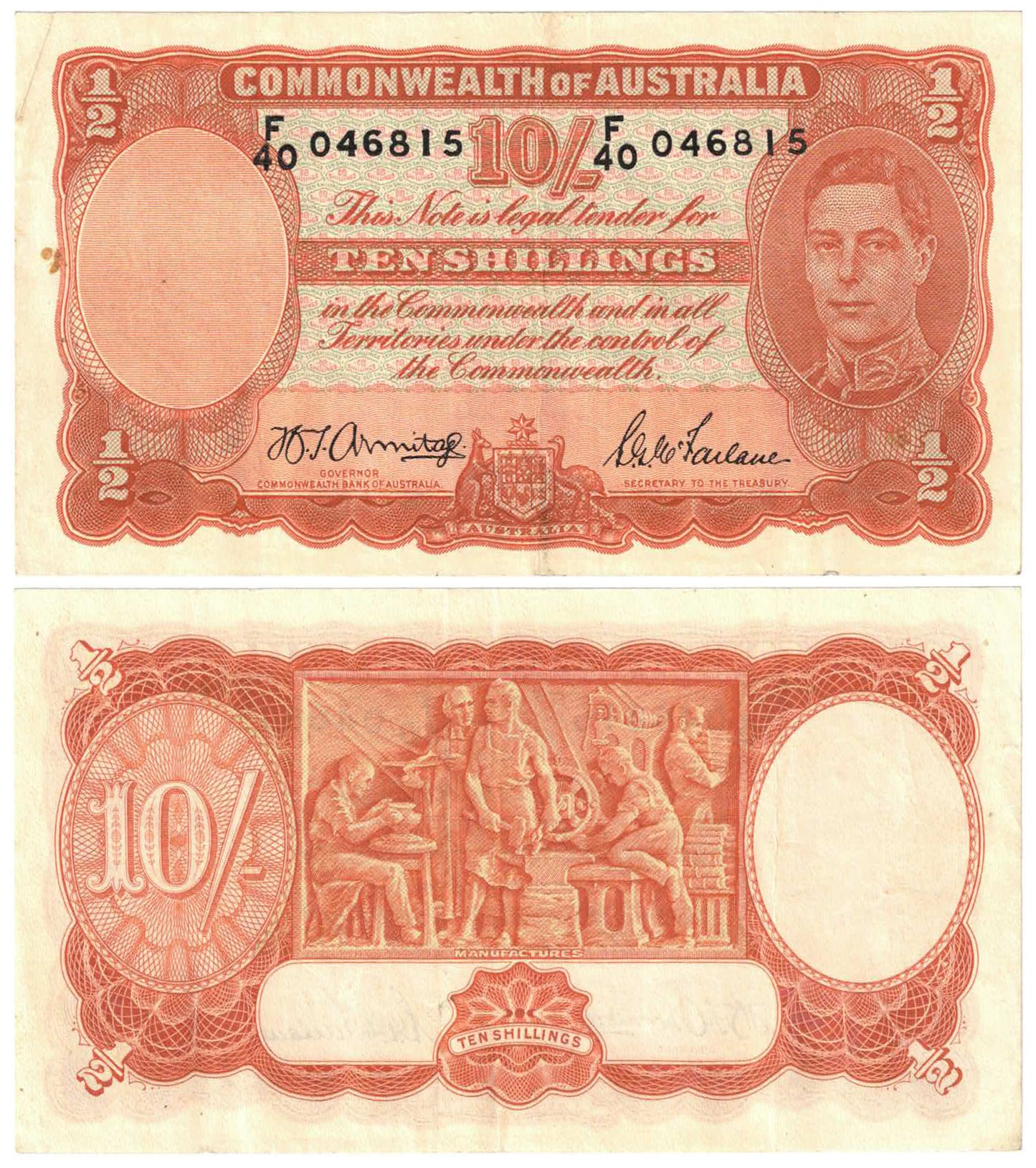 1942 Ten Shillings Armitage/McFarlane R13 Very Fine Banknote