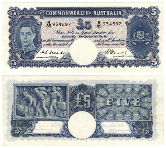 1949 Five Pounds Coombs/Watt R47F First Prefix R/85 About Uncirculated Banknote