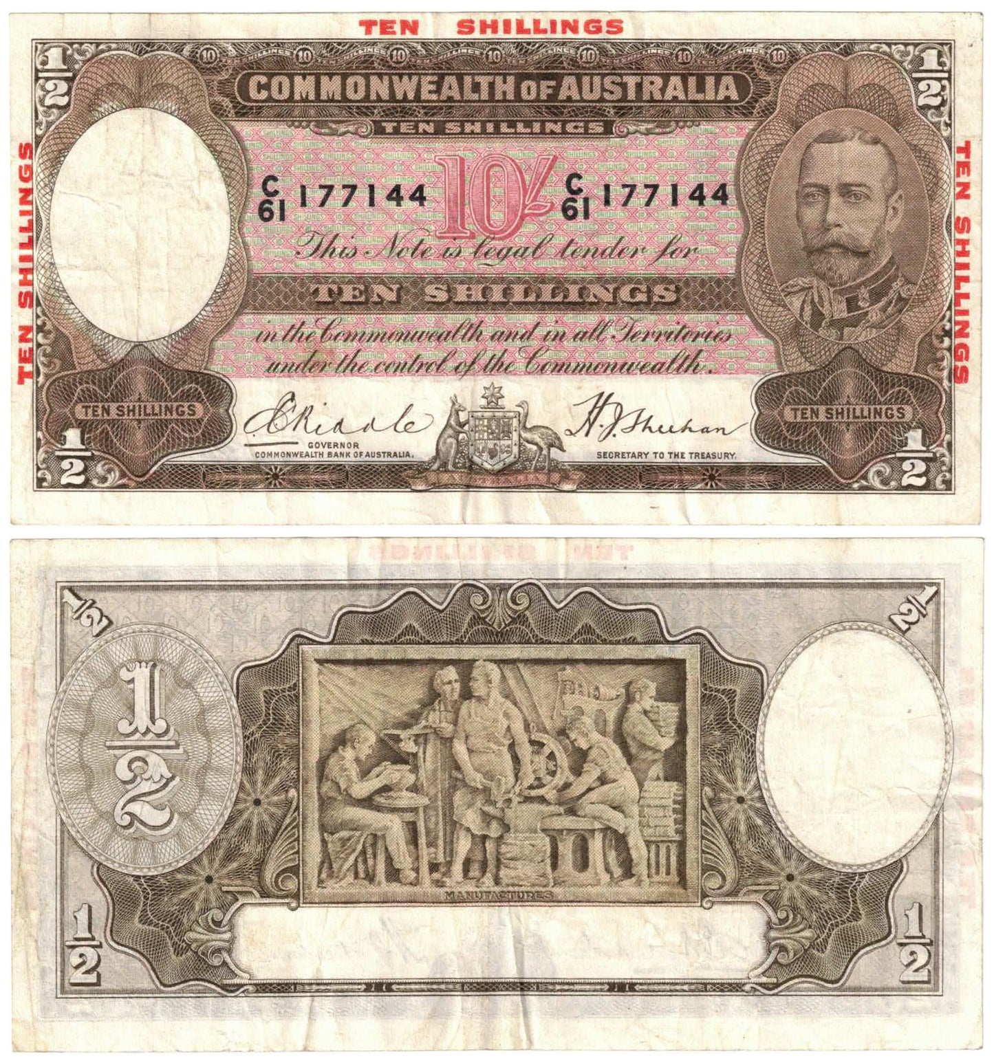 1934 Ten Shillings Riddle/Sheehan R10 Good Fine Banknote