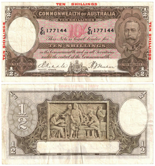 1934 Ten Shillings Riddle/Sheehan R10 Good Fine Banknote