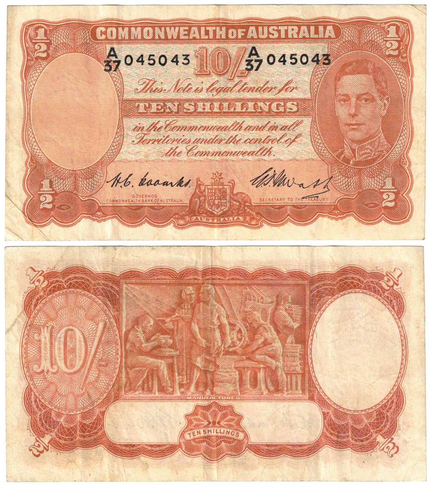1942 Ten Shillings Coombs/Watt R14 Fine Banknote