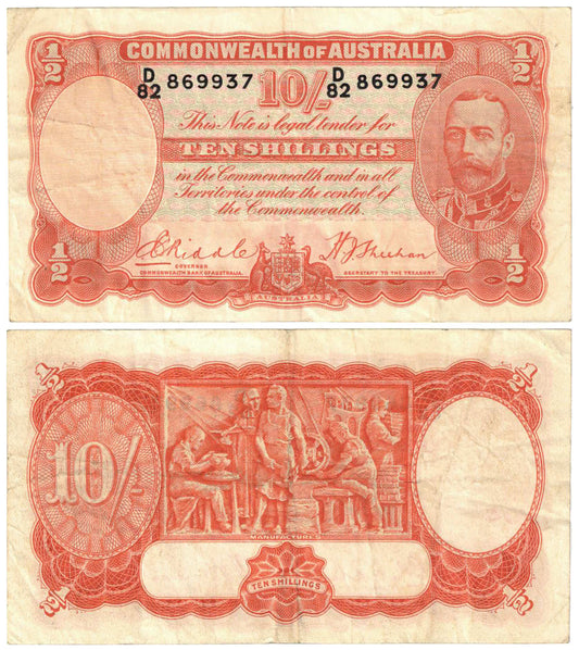 1936 Ten Shillings Riddle/Sheehan R11 Good Fine Banknote
