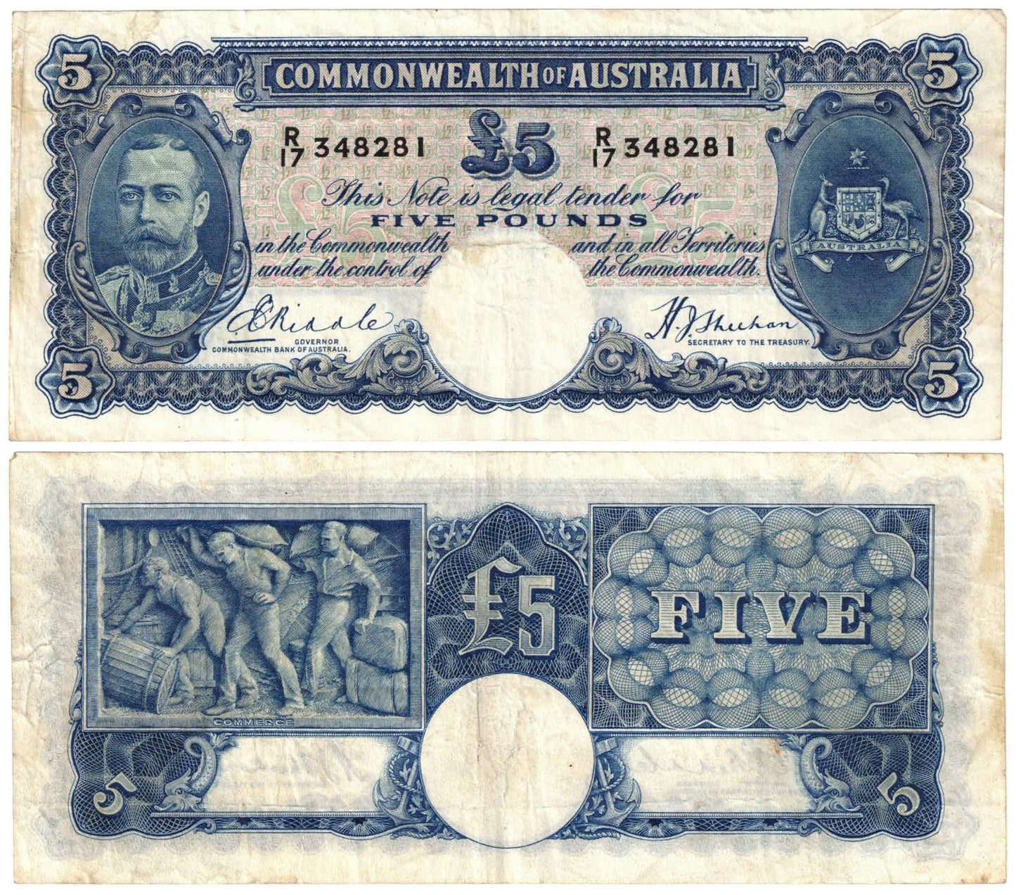 1933 Five Pounds Riddle/Sheehan R44b Good Fine Banknote