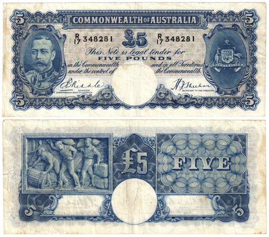 1933 Five Pounds Riddle/Sheehan R44b Good Fine Banknote