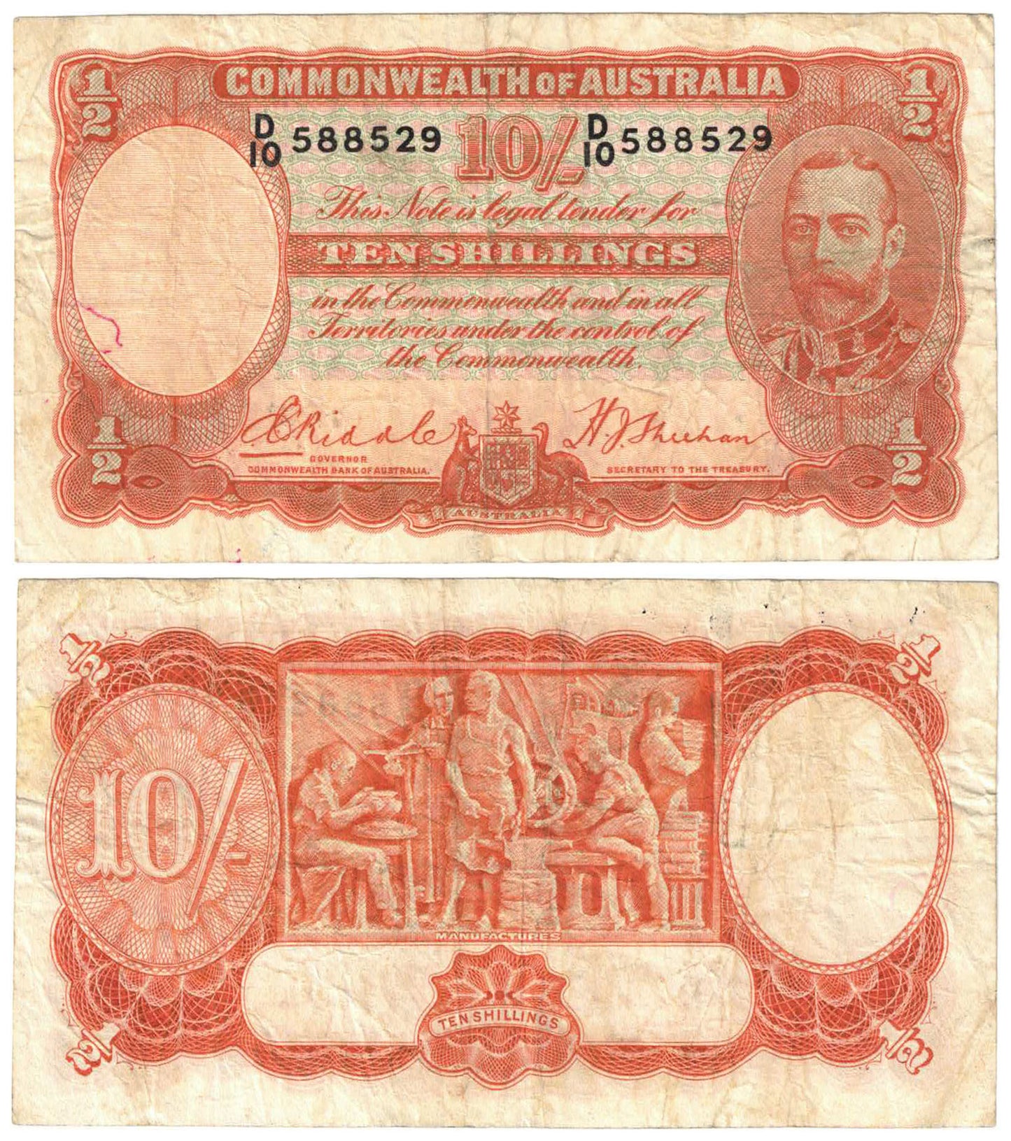 1936 Ten Shillings Riddle/Sheehan R11 Fine Banknote