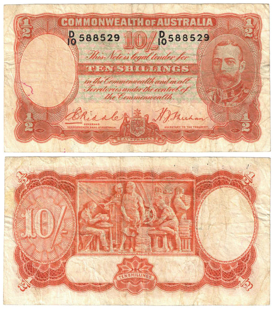 1936 Ten Shillings Riddle/Sheehan R11 Fine Banknote