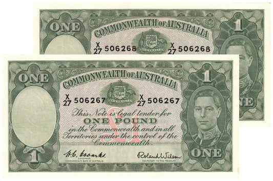 1952 One Pound Coombs/Wilson R32 Very Uncirculated Consecutive Pair of Banknotes