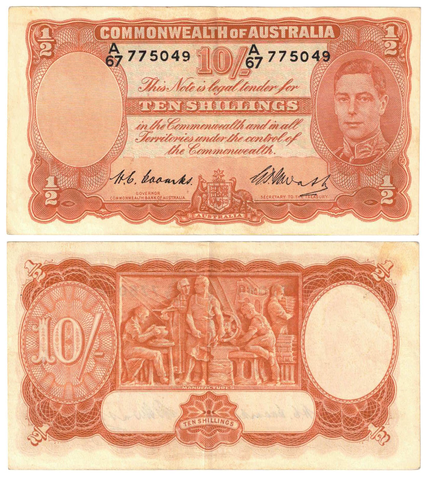 1949 Ten Shillings Coombs/Watt R14 Good Extremely Fine Banknote