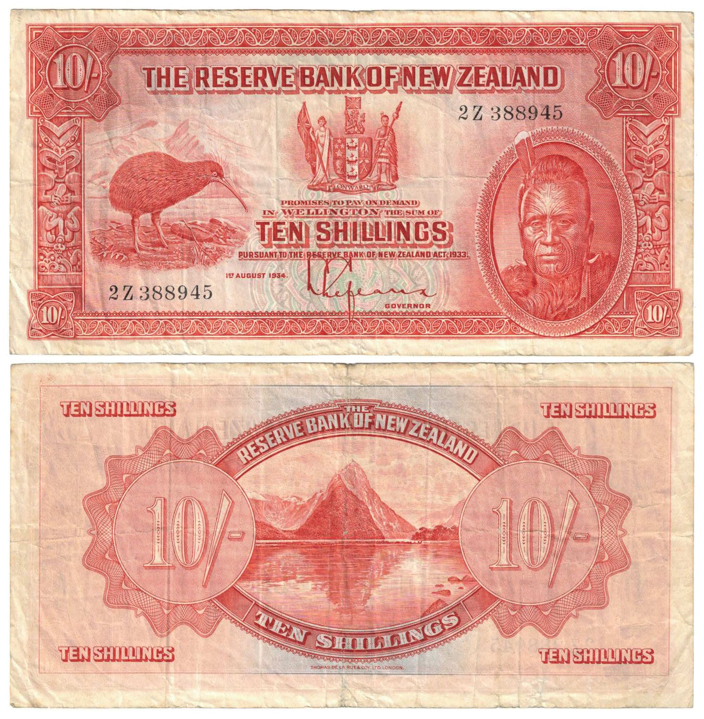 New Zealand 1934 Ten Shillings Lefeaux #154 Good Fine Banknote