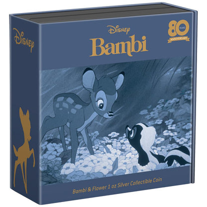 Niue 2022 $2 Disney 80 Years of Bambi & Flower 1oz Silver Coloured Proof Coin