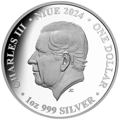 Niue 2024 $1 Black Swan with 'JG' Privy Mark 1oz Silver Coloured Proof Coin