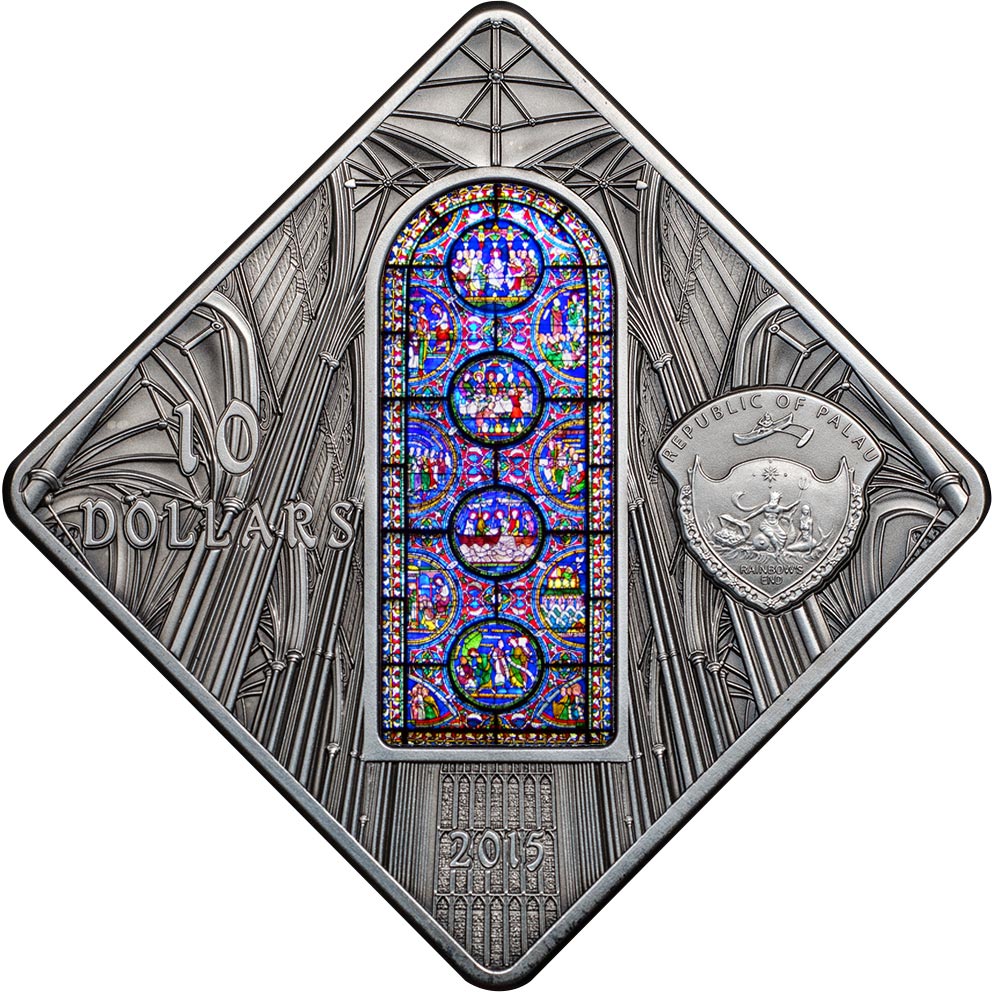 Palau 2015 $10 Sacred Art Holy Windows Canterbury Cathedral 50g Silver Antiqued Coin with Coloured Window Insert