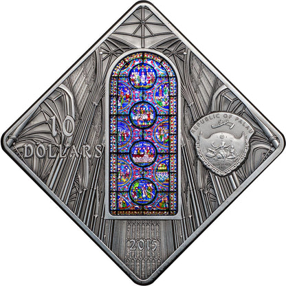 Palau 2015 $10 Sacred Art Holy Windows Canterbury Cathedral 50g Silver Antiqued Coin with Coloured Window Insert