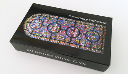 Palau 2015 $10 Sacred Art Holy Windows Canterbury Cathedral 50g Silver Antiqued Coin with Coloured Window Insert