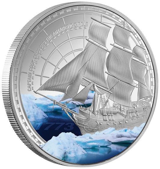 Niue 2023 $1 Captain James Cook First Antarctic Crossing 250th Anniversary 1oz Silver Coloured Proof Coin