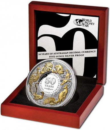 Niue 2016 $10 WMF 50 Years of Australian Decimal Currency Selectively Gold Plated 5oz Silver Proof Coin