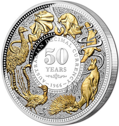 Niue 2016 $10 WMF 50 Years of Australian Decimal Currency Selectively Gold Plated 5oz Silver Proof Coin