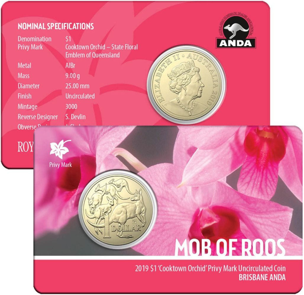 2019 $1 ANDA Brisbane Mob of Roos 'Cooktown Orchid' Privy Mark Uncirculated Coin