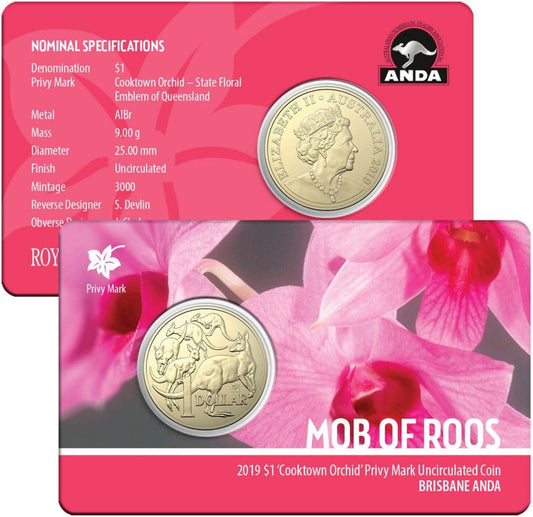 2019 $1 ANDA Brisbane Mob of Roos 'Cooktown Orchid' Privy Mark Uncirculated Coin