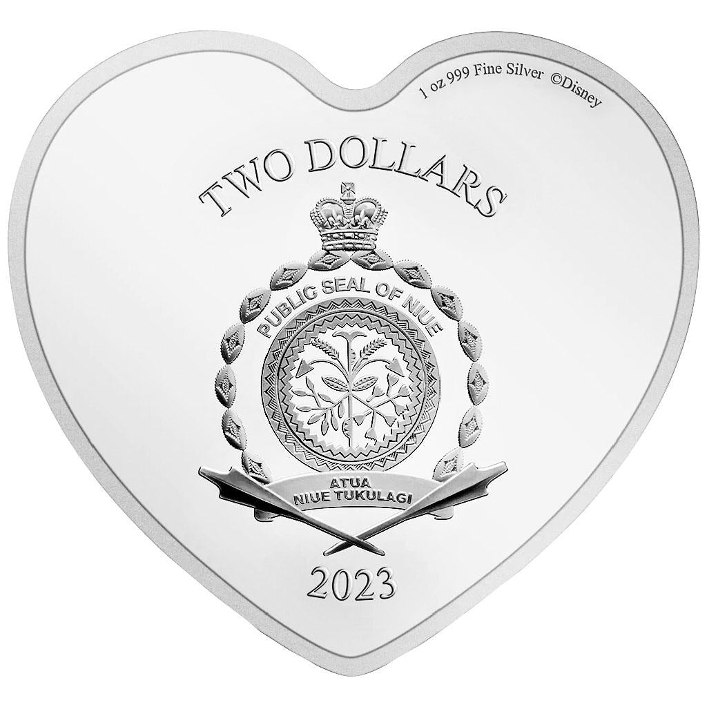 Niue 2023 $2 Disney Love Mickey and Minnie Mouse 1oz Silver Coloured Proof Heart Shaped Coin