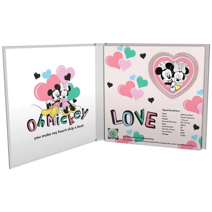 Niue 2023 $2 Disney Love Mickey and Minnie Mouse 1oz Silver Coloured Proof Heart Shaped Coin