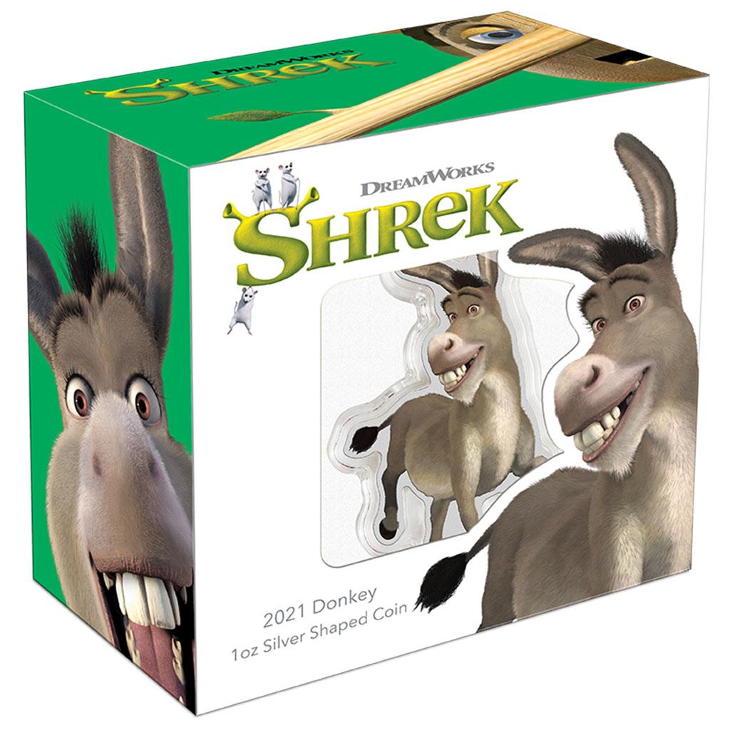 Niue 2021 $2 Shrek 20th Anniversary Donkey 1oz Silver Coloured Shaped Proof Coin