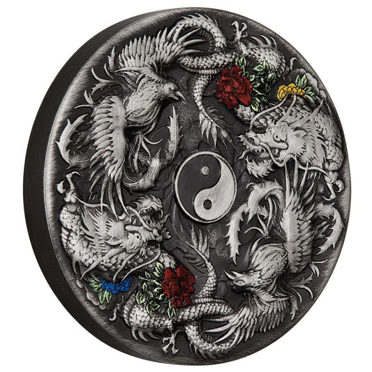 Tuvalu 2021 $2 Chinese Mythical Creatures Double Dragon & Double Phoenix 2oz Silver Coloured Antiqued Coin