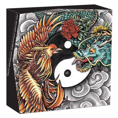 Tuvalu 2021 $2 Chinese Mythical Creatures Double Dragon & Double Phoenix 2oz Silver Coloured Antiqued Coin