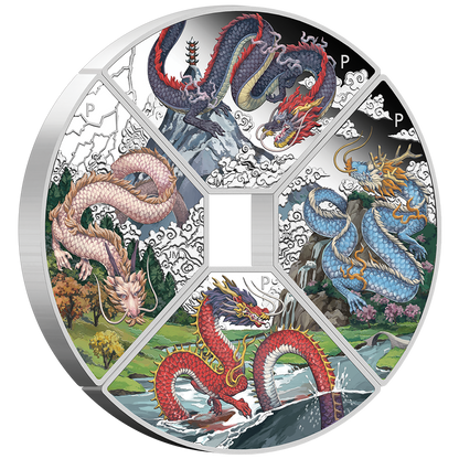 Tuvalu 2024 $1 Lunar Year of The Dragon 1oz Silver Coloured Proof 4 Quadrant Coin Set