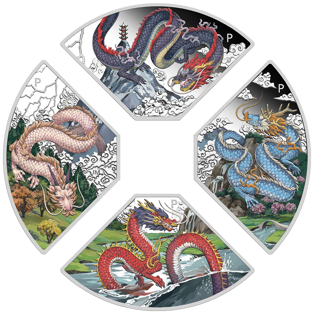 Tuvalu 2024 $1 Lunar Year of The Dragon 1oz Silver Coloured Proof 4 Quadrant Coin Set