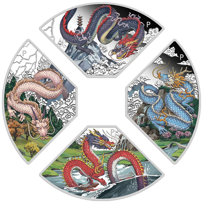 Tuvalu 2024 $1 Lunar Year of The Dragon 1oz Silver Coloured Proof 4 Quadrant Coin Set