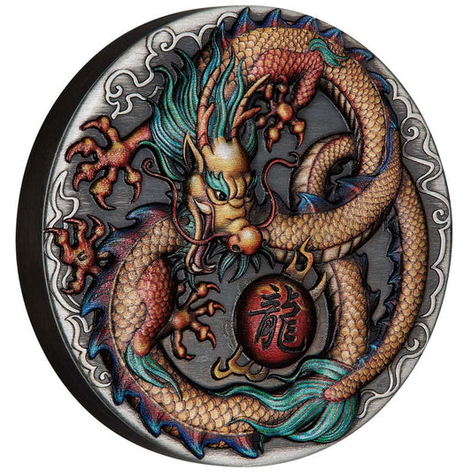 Tuvalu 2022 $2 Chinese Mythical Creatures Dragon 2oz Silver Coloured Antiqued Coin