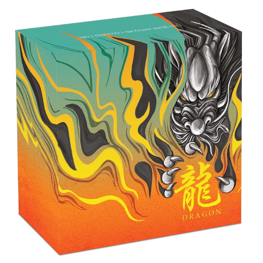 Tuvalu 2022 $2 Chinese Mythical Creatures Dragon 2oz Silver Coloured Antiqued Coin