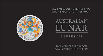 2024 25c ANDA Melbourne Lunar Year of The Dragon 1/4oz Silver Coloured Uncirculated Coin