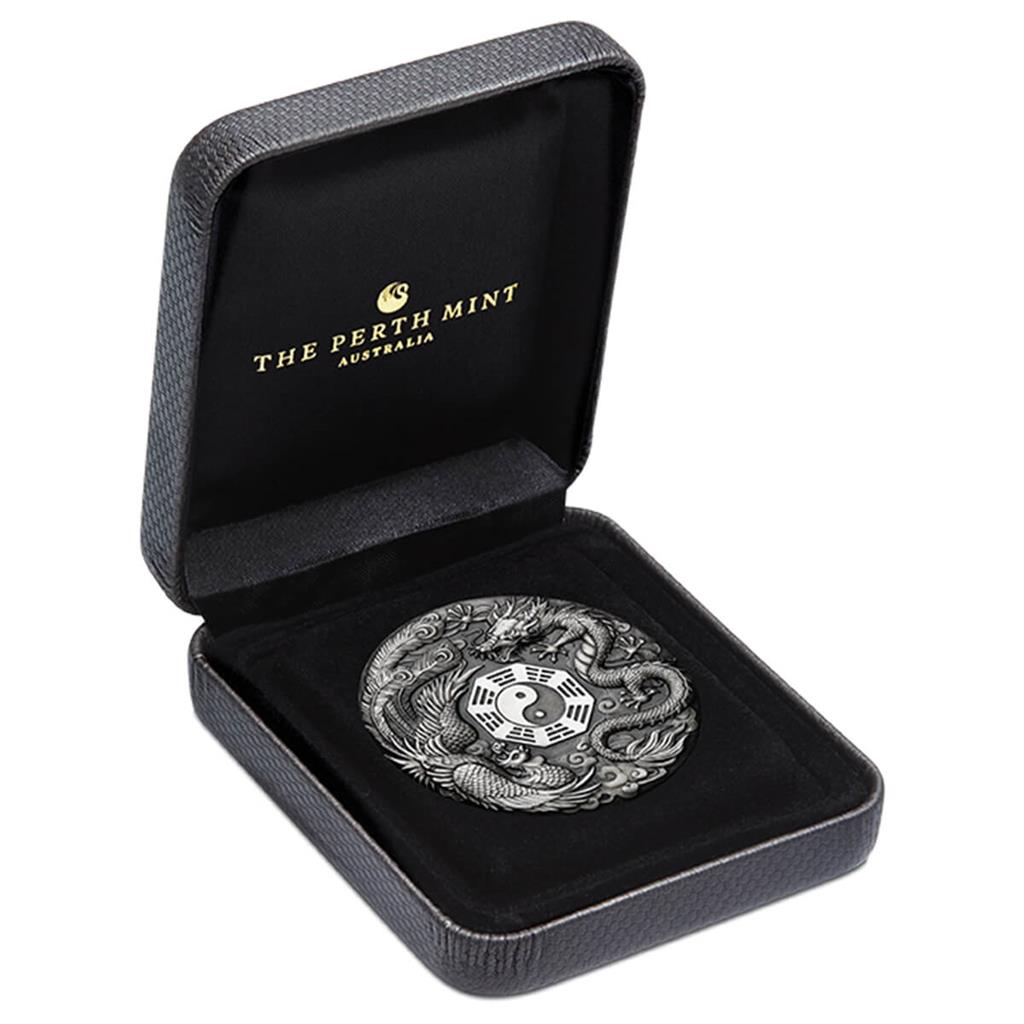 Tuvalu 2019 $2 Chinese Mythical Creatures Dragon & Phoenix 2oz Silver Antiqued Coin