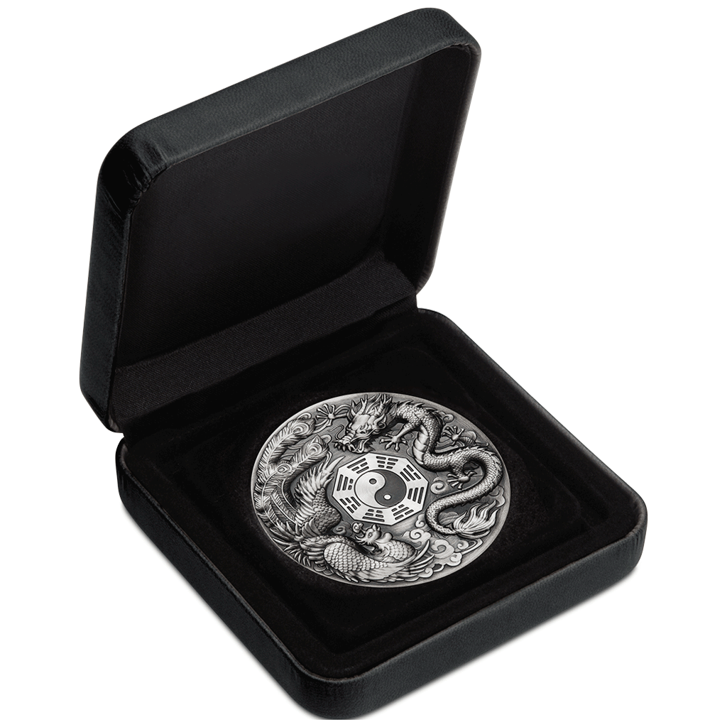 Tuvalu 2019 $5 Chinese Mythical Creatures Dragon & Phoenix 5oz Silver Antiqued Coin
