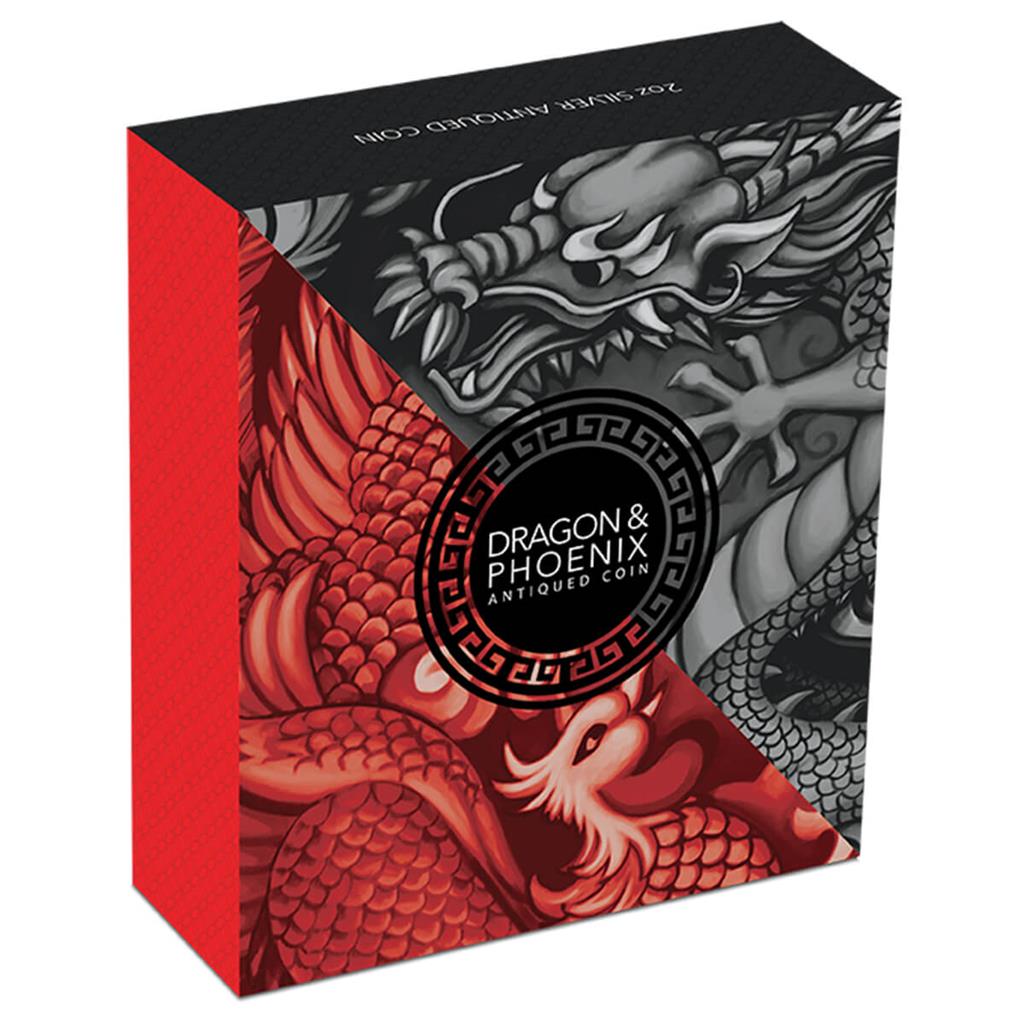 Tuvalu 2019 $2 Chinese Mythical Creatures Dragon & Phoenix 2oz Silver Antiqued Coin