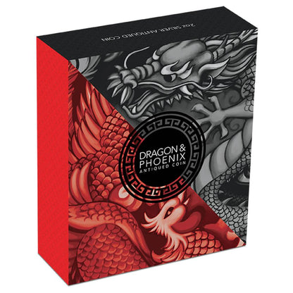 Tuvalu 2019 $2 Chinese Mythical Creatures Dragon & Phoenix 2oz Silver Antiqued Coin