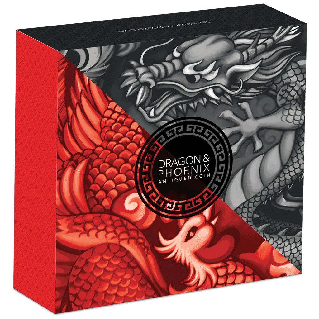 Tuvalu 2019 $5 Chinese Mythical Creatures Dragon & Phoenix 5oz Silver Antiqued Coin