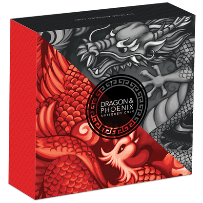 Tuvalu 2019 $5 Chinese Mythical Creatures Dragon & Phoenix 5oz Silver Antiqued Coin