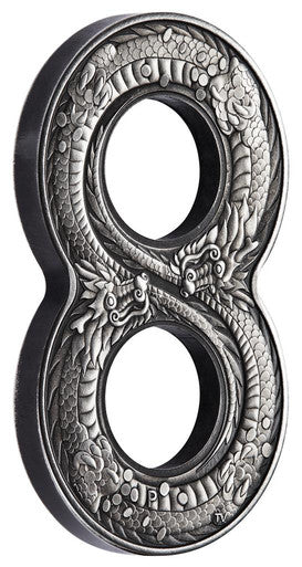 2018 $2 Figure 8 Dragon 2oz Silver Antiqued Shaped Coin