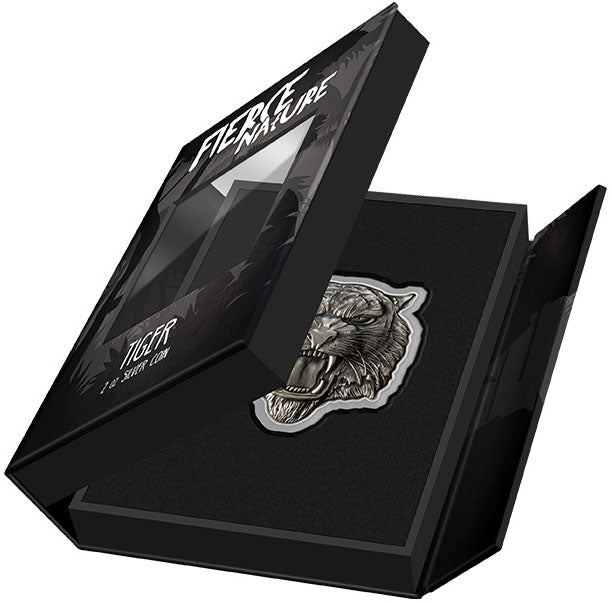 Niue 2022 $5 Fierce of Nature Tiger Shaped 2oz Silver Antiqued Coin
